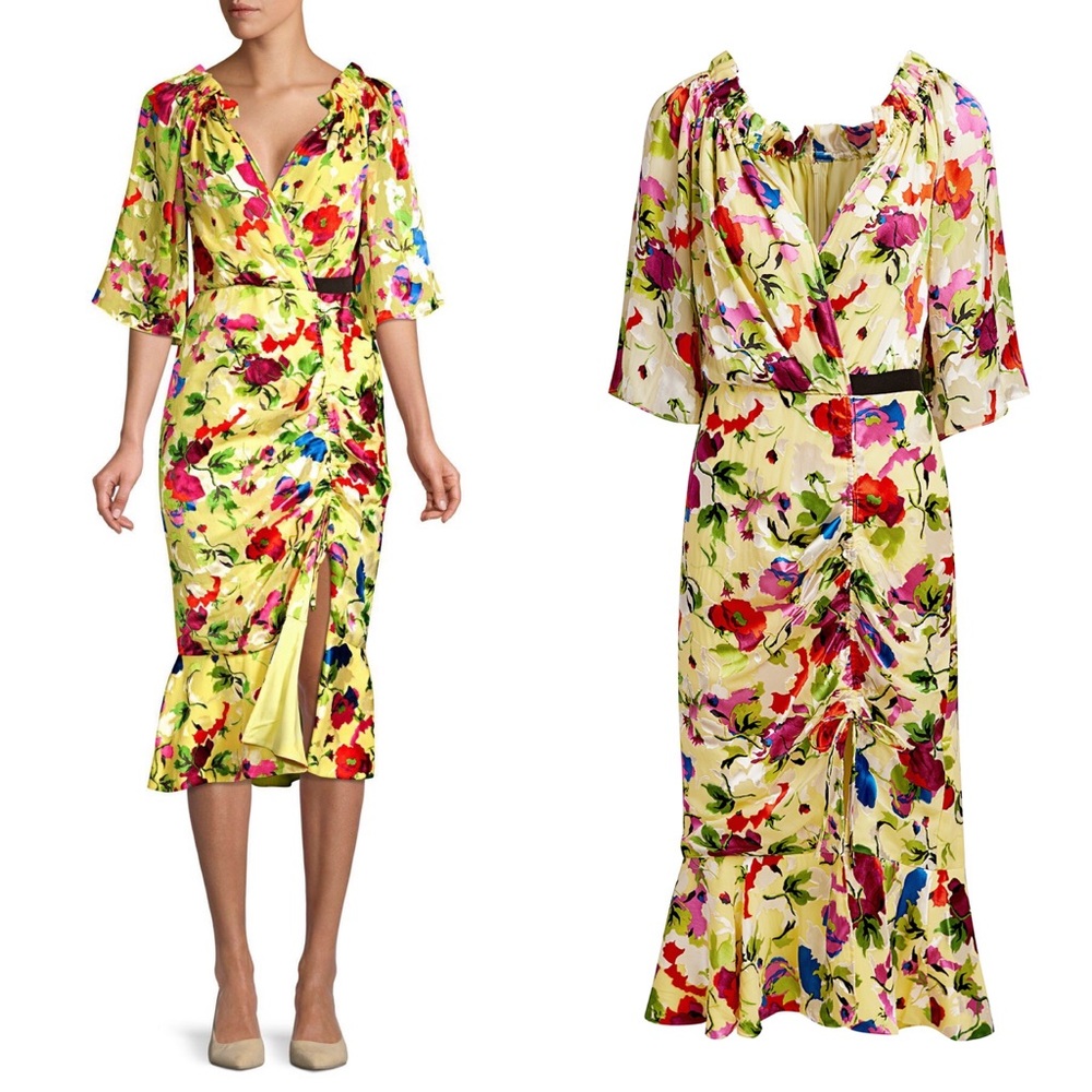 Saloni Olivia-B Yellow Floral Silk Dress